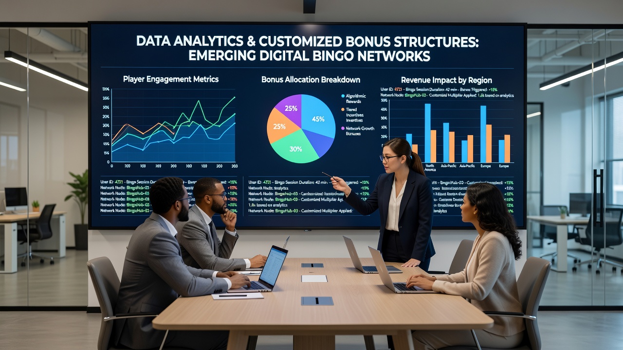 Bingo players interacting with mobile devices while backend analytics adjust real-time bonus recommendations